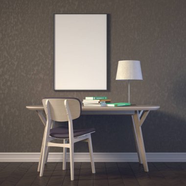 Çalışma alanı mockup. 3D illüstrasyon iç.