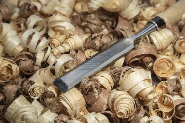 Marangoz odun kesme aleti. Ahşap işleme aracı ve odun parçaları.