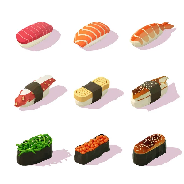 Een set isometrische sushi. Lage poly 3d vector illustratie. — Stockvector