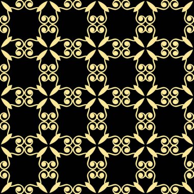 Sorunsuz çiçek geometrik duvar kağıdı. Siyah ve altın, portakal, sarı desen, vektör. Tasarım şablonu