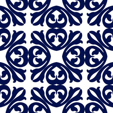 Sorunsuz çiçek geometrik duvar kağıdı. Koyu mavi ve beyaz örnek, vektör. Tasarım şablonu