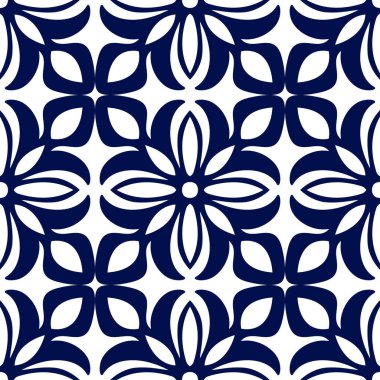 Sorunsuz çiçek geometrik duvar kağıdı. Koyu mavi ve beyaz örnek, vektör. Tasarım şablonu