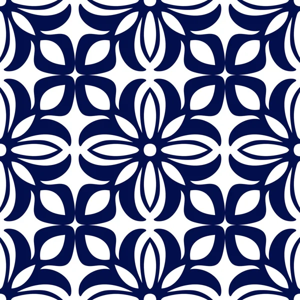 Papel de parede geométrico floral sem costura. Padrão azul escuro e branco, vetor. Modelo para design — Vetor de Stock