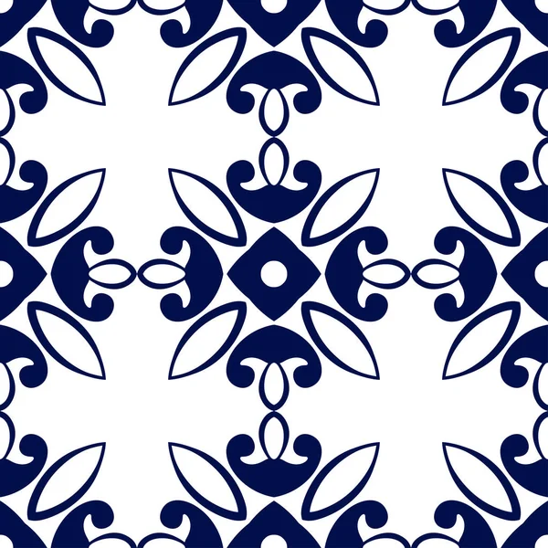 Seamless floral geometrical wallpaper. Dark blue and white pattern, vector. Template for design — Stock Vector