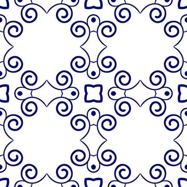 Fondo de lujo azul oscuro sin costuras con patrón ornamental en blanco — Vector de stock