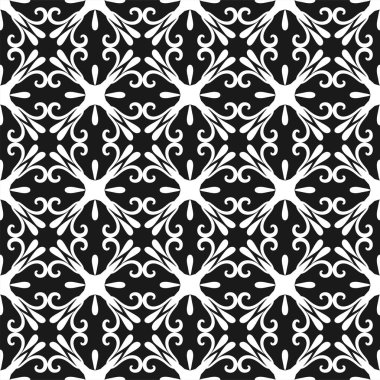 Geometrik arka plan. Dikişsiz siyah-beyaz desen. Vektör çizim için duvar kağıdı, kumaş, mumlu, tekstil, kağıt ve diğer tasarım kaydırma