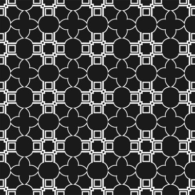 Geometrik arka plan. Dikişsiz siyah-beyaz desen. Vektör çizim için duvar kağıdı, kumaş, mumlu, tekstil, kağıt ve diğer tasarım kaydırma
