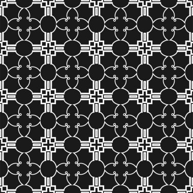 Geometrik arka plan. Dikişsiz siyah-beyaz desen. Vektör çizim için duvar kağıdı, kumaş, mumlu, tekstil, kağıt ve diğer tasarım kaydırma