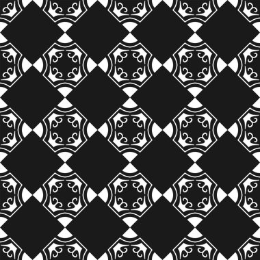 Geometrik arka plan. Dikişsiz siyah-beyaz desen. Vektör çizim için duvar kağıdı, kumaş, mumlu, tekstil, kağıt ve diğer tasarım kaydırma
