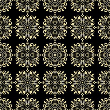 Sorunsuz süs lüks model. Siyah ve altın Tekstil baskı. İslami vektör arka plan. Çiçek fayans. Kumaş, tekstil, kumaş, ambalaj kağıdı, yağlı ve diğer tasarım şablonu kullanılabilir