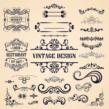 Süslü vintage çerçeveleri ve afiş. Tasarım öğeleriyle hat elemanları, süsler, kıvrımlar, dekoratif motifler ve kaydırır. Retro vektör çizim