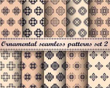 Süs vintage desen yinelenen sorunsuz on kümesi. Kağıt, ambalaj, kumaş, tekstil, duvar kağıdı, çini, yağlı ve diğer sarma tasarım şablonu.