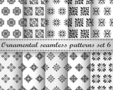 Süs vintage desen yinelenen sorunsuz on kümesi. Kağıt, ambalaj, kumaş, tekstil, duvar kağıdı, çini, yağlı ve diğer sarma tasarım şablonu.