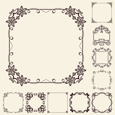 Vektör tasarımı için dekoratif öğeler. Çerçeve şablonlarını ayarlayın. Güzel çiçek sınırları. Dantel dekor. Zarif sanat için doğum günü ve düğün davetiye, tebrik kartı.