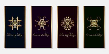 Logo tasarım şablonları altın gradyan ile koyu arka plan üzerinde ayarlayın. Lüks ürünler, amblem, ambalaj için.