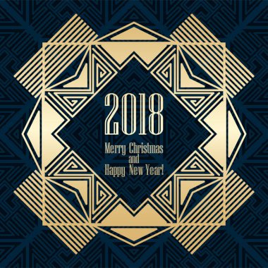 2018 yeni yıl tebrik kartı altın art deco tarzında. Tasarım şablonu. Vektör çizim eps10