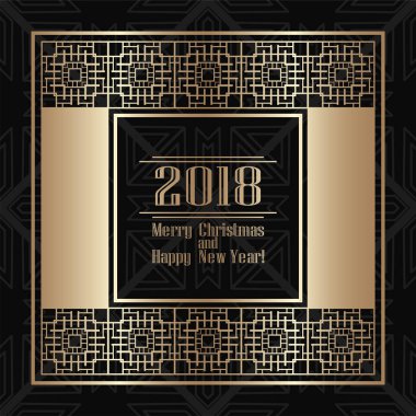 2018 yeni yıl tebrik kartı altın art deco tarzında. Tasarım şablonu. Vektör çizim eps10
