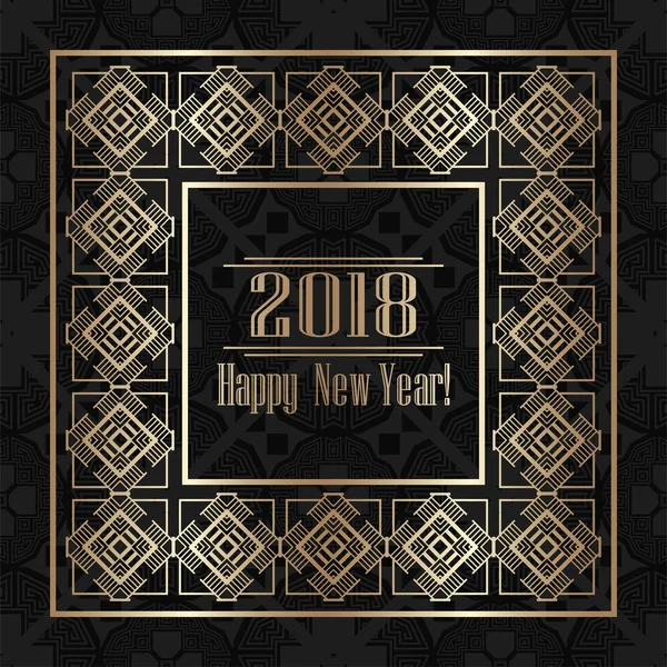 Новогодняя открытка 2018 года в золотом стиле ар-деко. Шаблон для дизайна. Векторные иллюстрации — стоковый вектор
