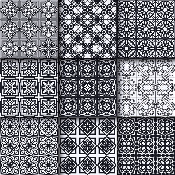 Collection de motifs ornementaux sans couture en noir et blanc. Modèle pour la conception. Vecteur — Image vectorielle