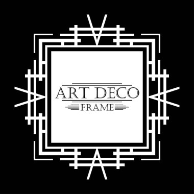 Siyah arka plan üzerine Art Deco tarzında Vintage beyaz retro çerçeve. Tasarım şablonu. Vektör çizim.