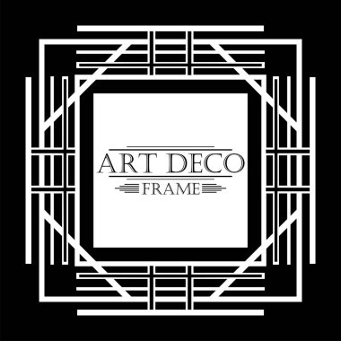 Siyah arka plan üzerine Art Deco tarzında Vintage beyaz retro çerçeve. Tasarım şablonu. Vektör çizim.
