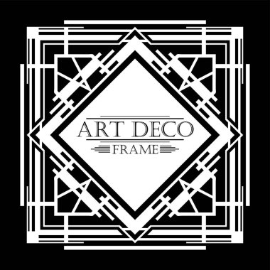Siyah arka plan üzerine Art Deco tarzında Vintage beyaz retro çerçeve. Tasarım şablonu. Vektör çizim.