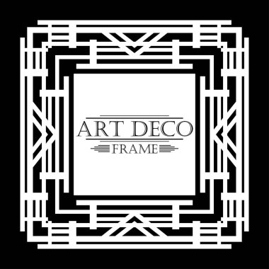 Siyah arka plan üzerine Art Deco tarzında Vintage beyaz retro çerçeve. Tasarım şablonu. Vektör çizim.