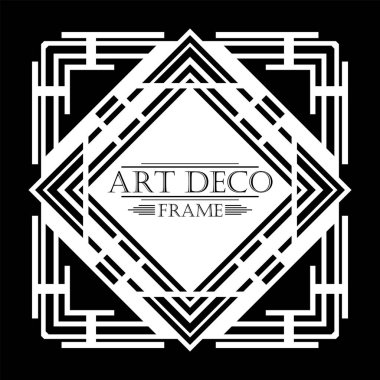 Siyah arka plan üzerine Art Deco tarzında Vintage beyaz retro çerçeve. Tasarım şablonu. Vektör çizim.