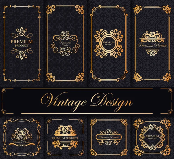 Colección vintage de fondos de lujo con elementos retro, etiquetas, iconos y marcos para el diseño de envases de productos de lujo. Ilustración vectorial — Vector de stock