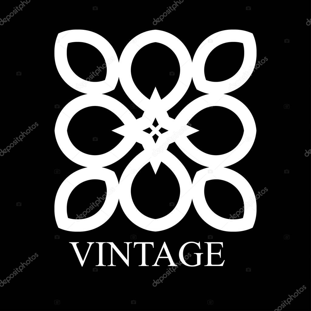 Vintage ornamental white logo template with text. Vector illustration