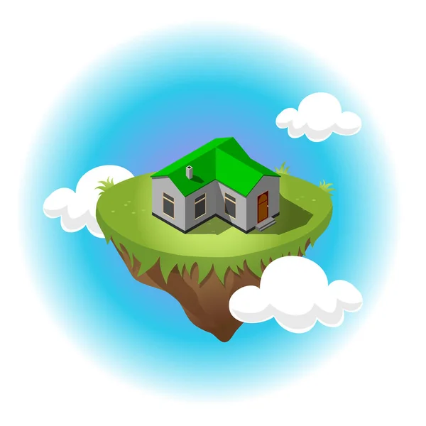 Izometrický Rezidenční Budova Létající Ostrov Nebi Bílé Mraky Ilustrace Domů — Stockový vektor