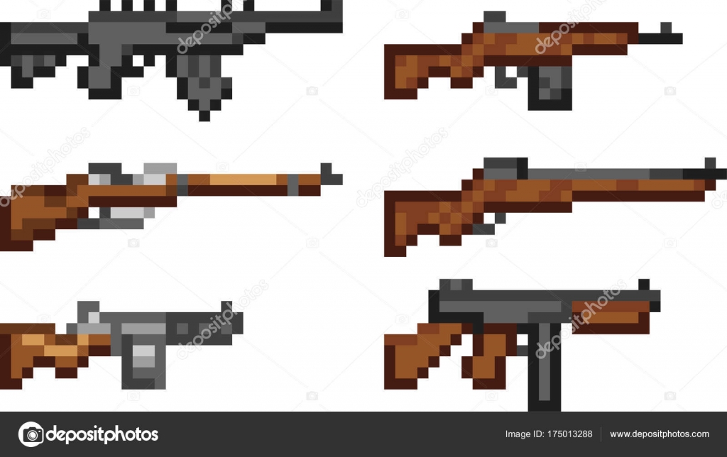 Pixel art m4 rifle m16 ícone de vetor de arma de fogo para jogo de 8 bits  em fundo branco