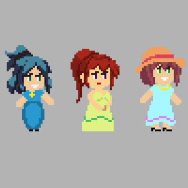 Sanat tarzında piksel karakterlerin kümesi