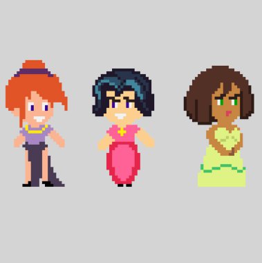 Sanat tarzında piksel karakterlerin kümesi