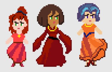 Sanat tarzında piksel karakterlerin kümesi