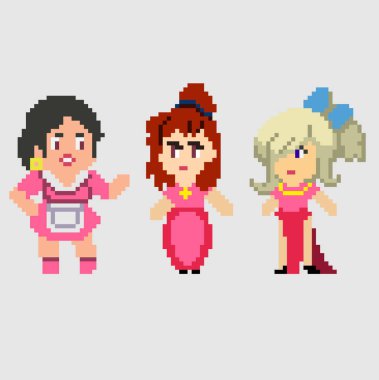 Sanat tarzında piksel karakterlerin kümesi