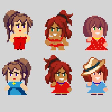 Sanat tarzında piksel karakterlerin kümesi