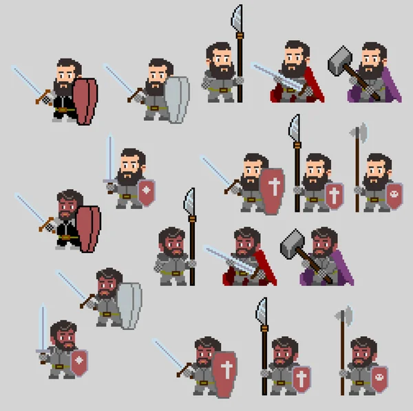 Conjunto de personajes de píxeles guerreros en estilo de arte Ilustraciones De Stock Sin Royalties Gratis