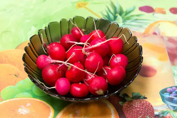 Mutfak masasının üzerinde bir kasede ham organik küçük bahçe turp. — Stok fotoğraf