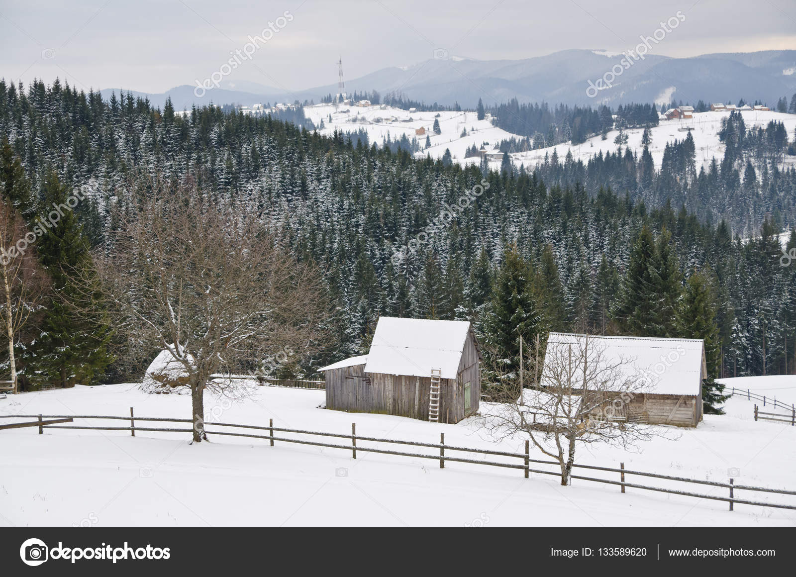 Snow Covered Rustic Cabins In The Woods In Winter Stock Photo