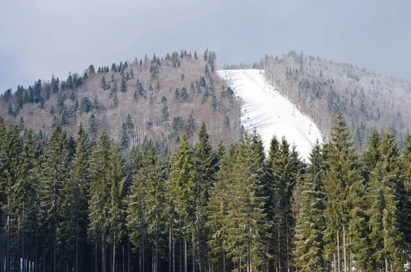 El descenso desde las pistas de esquí en la estación de Bukovel - Ucrania. Recreación de invierno y deporte . — Foto de Stock