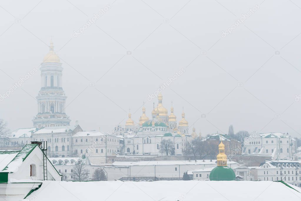 Kiev, Ukraine. A snowy foggy morning in the Kiev-Pechersk Lavra.