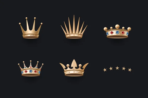 Conjunto de coroa de ouro real e ícones de cinco estrelas — Vetor de Stock