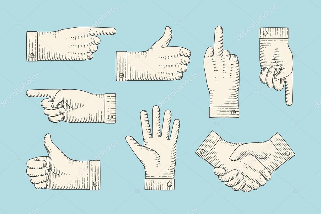 Set of vintage drawing hand signs in engraving style
