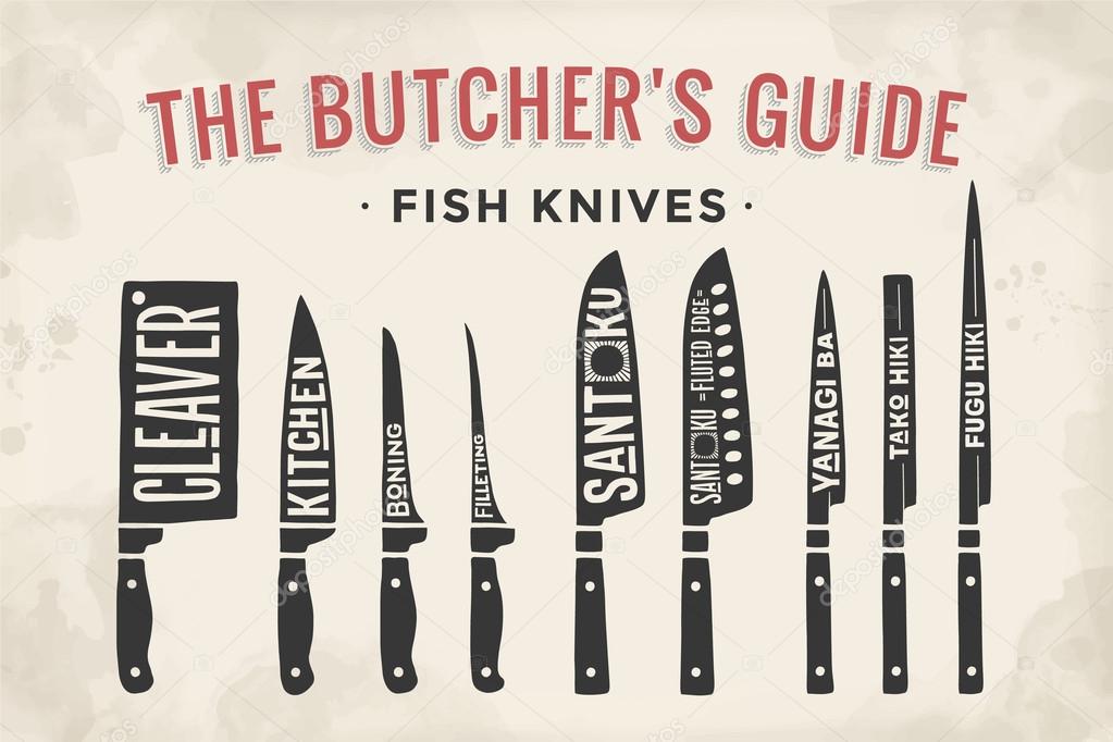 FIsh cutting knives set. Poster Butcher diagram and scheme Stock