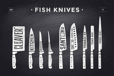 FIsh cutting knives set. Poster Butcher diagram and scheme clipart
