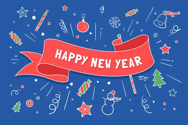 Kırmızı kurdele ve mutlu yeni yıl tebrik kartı