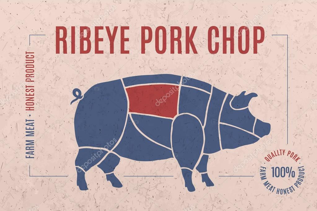 Label for pork steak meat cut with text Ribeye Pork Chop. Creative graphic design for butcher shop, farmer market. Advertising poster for meat related theme. Vector Illustration
