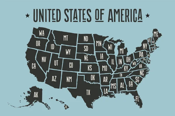 Mapa del póster Estados Unidos de América con nombres de estado — Vector de stock