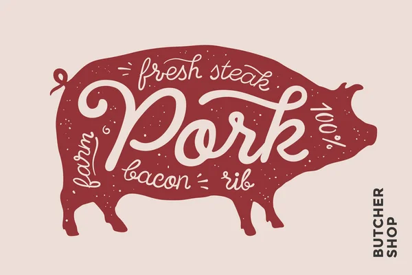赤いブタ シルエットと豚肉の言葉流行図 — ストックベクタ